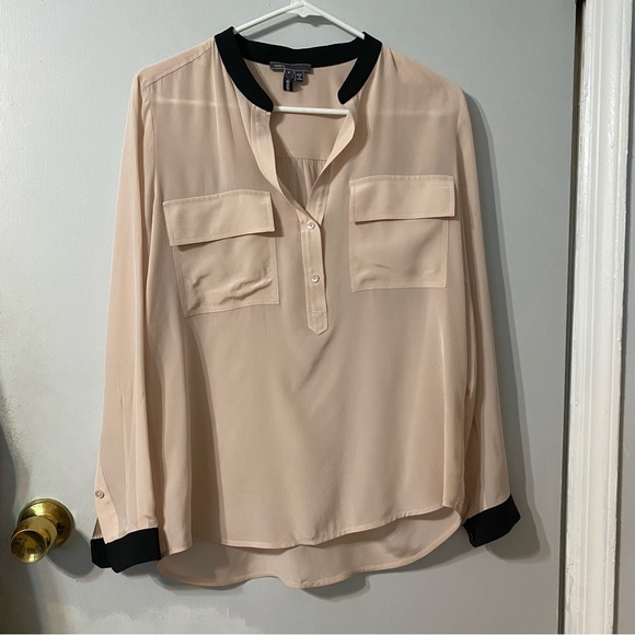 {Vince} Contrast Trim Buff Silk Blouse | Black + Cream ~ Size 2 - Picture 3 of 16